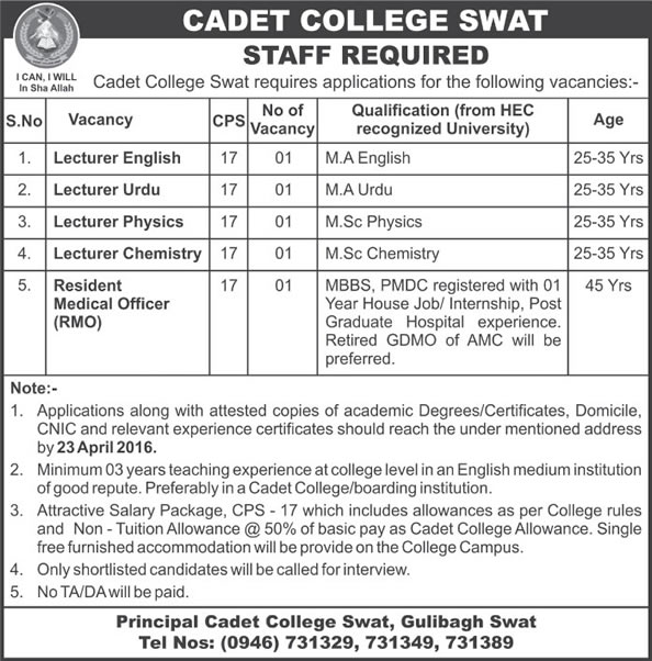 Cadet College Swat Jobs 2016 April Lecturers And Resident Medical Officer Rmo Latest In Swat